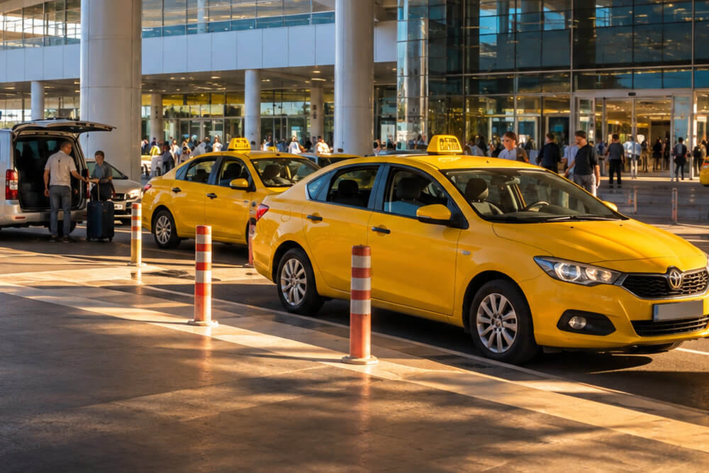 Żółte taksówki oczekujące przed terminalem lotniska Antalya