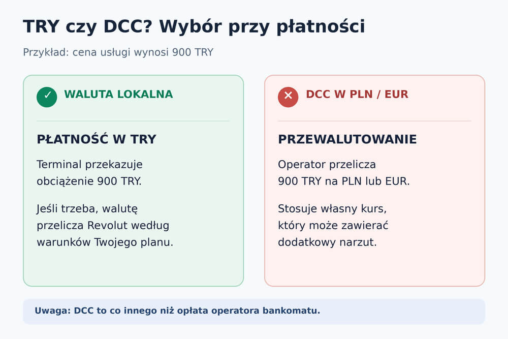 Porównanie płatności w lirach tureckich i przewalutowania DCC