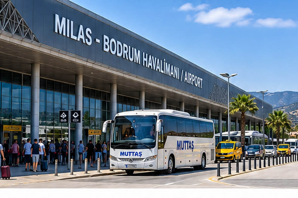 Autobus lotniskowy i pasażerowie przed terminalem Milas Bodrum