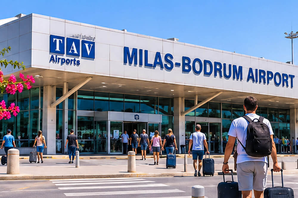 Podróżni z walizkami przed terminalem lotniska Milas Bodrum