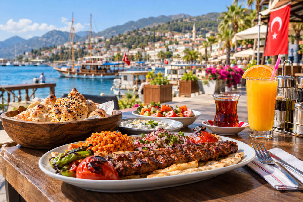 Grillowany kebab z dodatkami podany w restauracji nad wodą