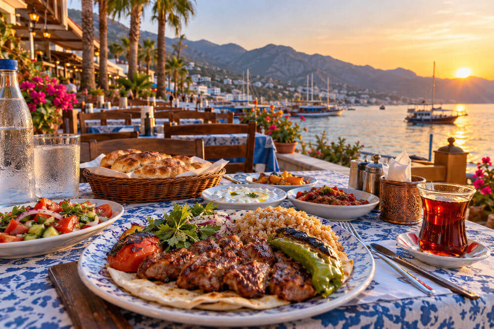 Turecka herbata przy daniach z grilla w nadmorskiej restauracji