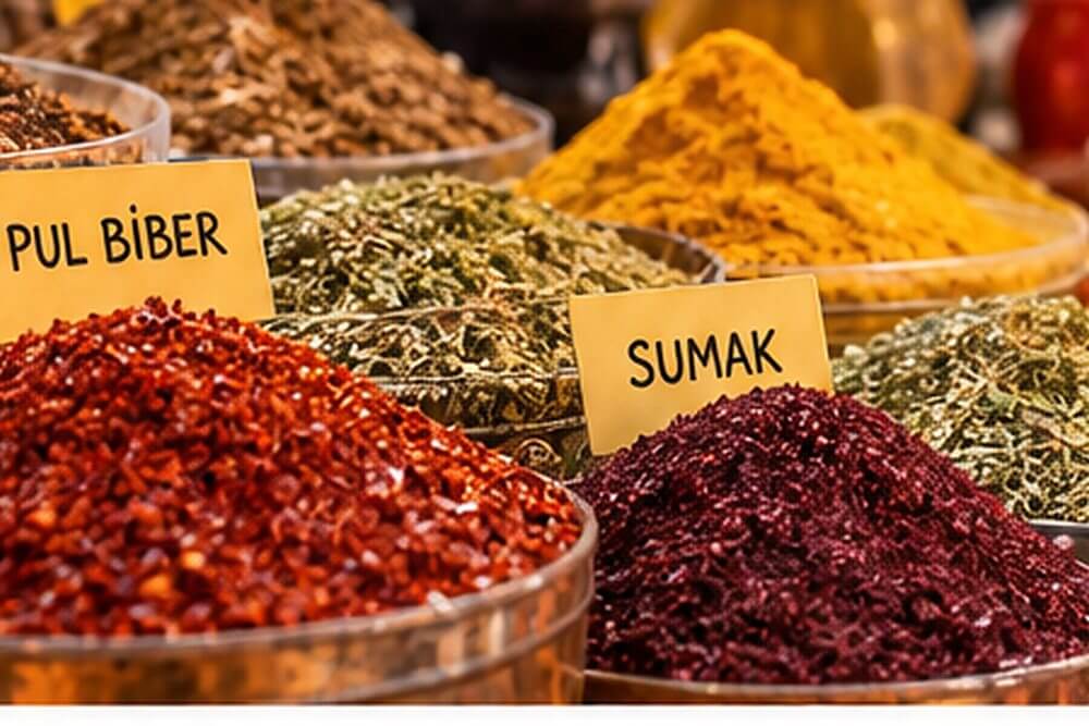 Pul biber i sumak na bazarowym stoisku z przyprawami w Turcji