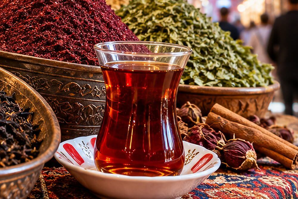Szklanka tureckiej czarnej herbaty çay obok suszonych przypraw
