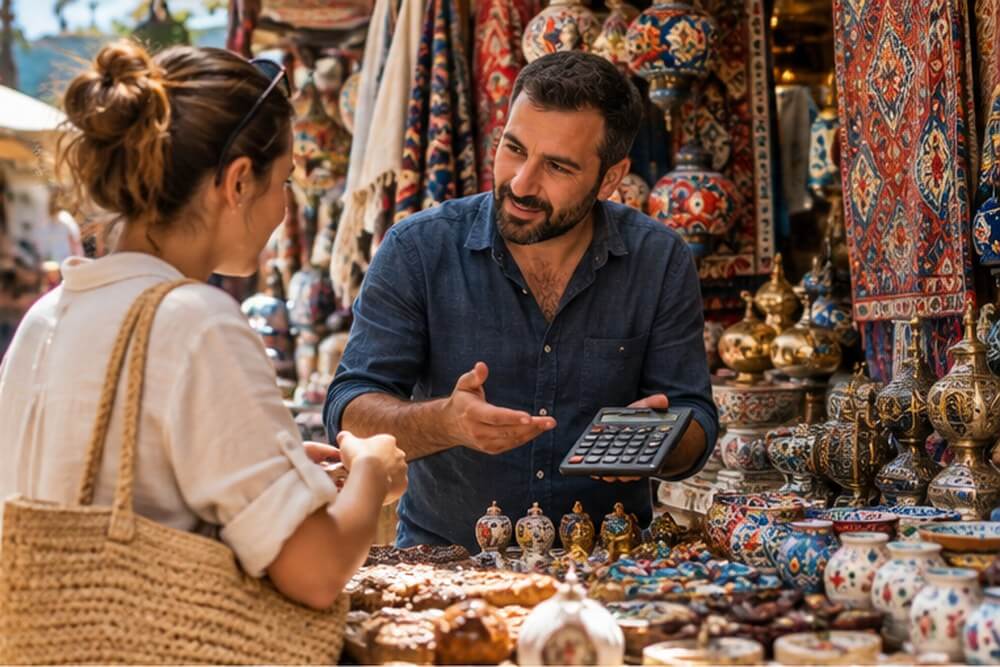 Targowanie przy stoisku na tureckim bazarze