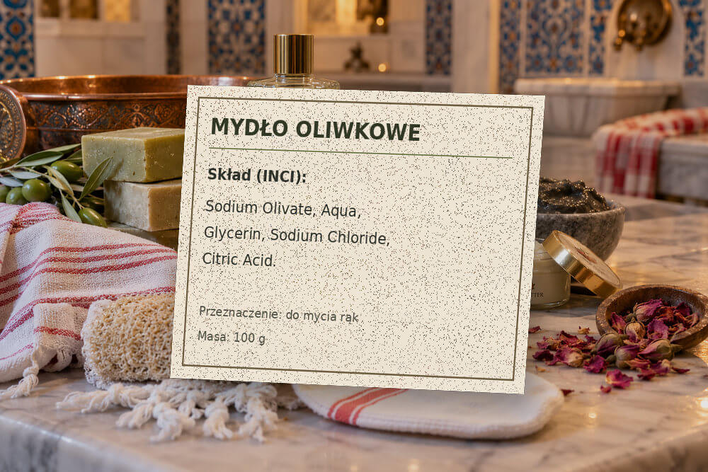Etykieta ze składem INCI na opakowaniu mydła oliwkowego