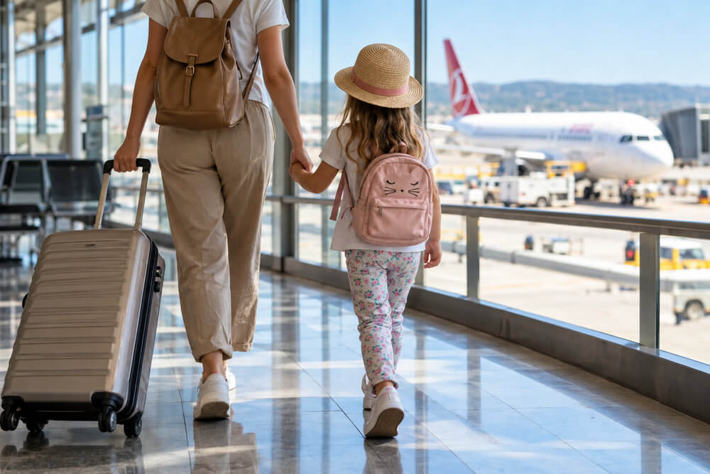 Opiekunka z dziewczynką przechodzi przez terminal lotniska z walizką