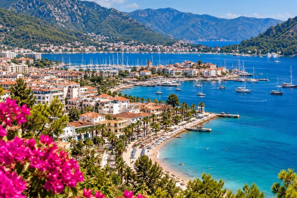 Promenada nad zatoką Marmaris z hotelami i górskim tłem
