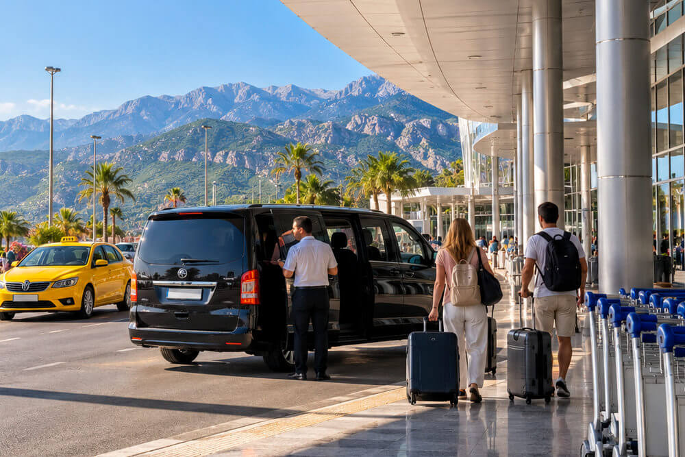 Minibus transferowy przed terminalem lotniska Antalya