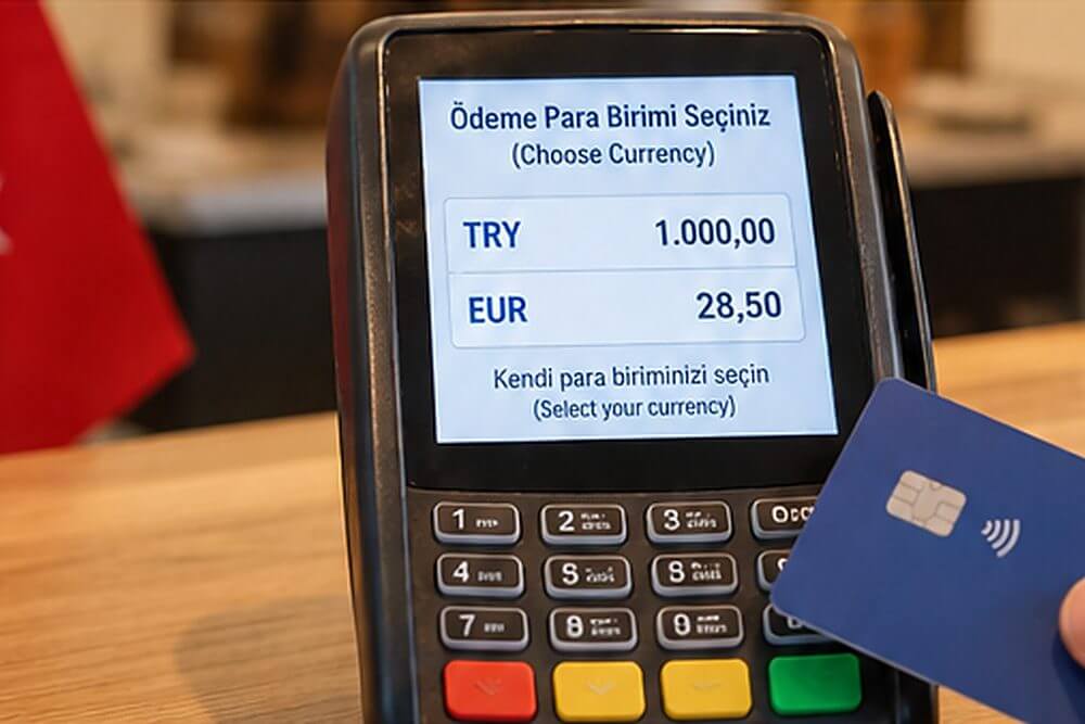 Terminal płatniczy w tureckim sklepie z wyborem TRY lub EUR