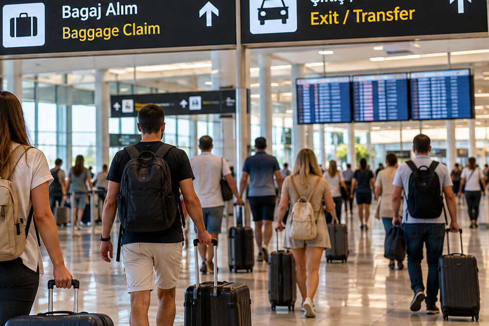 Podróżni pod znakami odbioru bagażu i wyjścia z lotniska