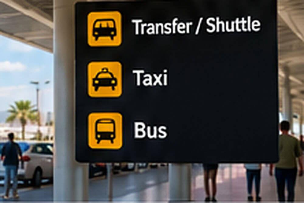 Tablice transferu taksówek i autobusów przed terminalem lotniska