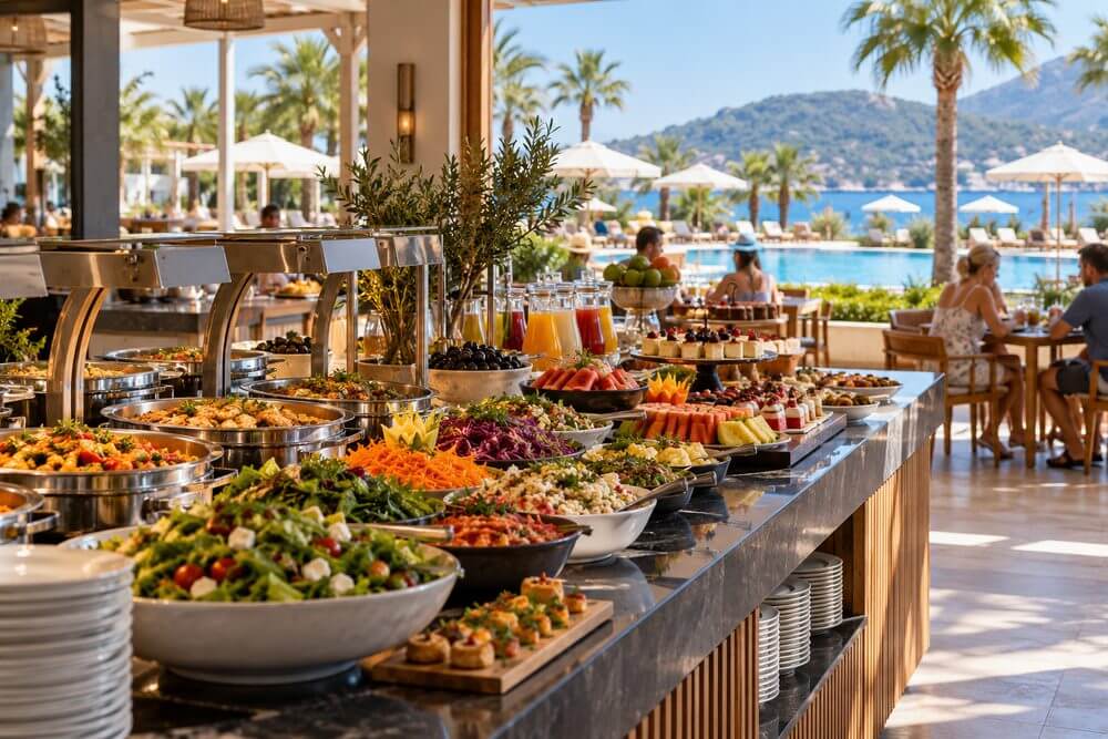Bufet i strefa restauracyjna w tureckim hotelu All Inclusive