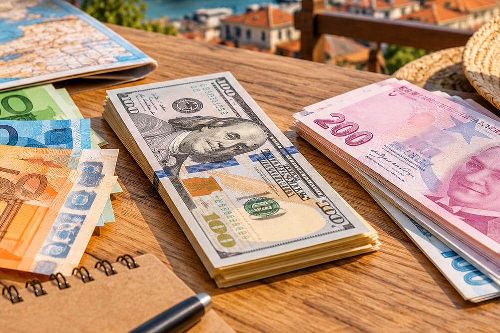 Banknoty euro dolarów i lir tureckich rozłożone na stole