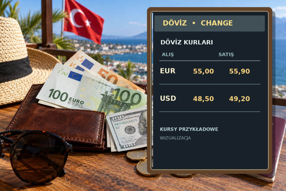 Tablica kursów euro i dolara w kantorze w Turcji