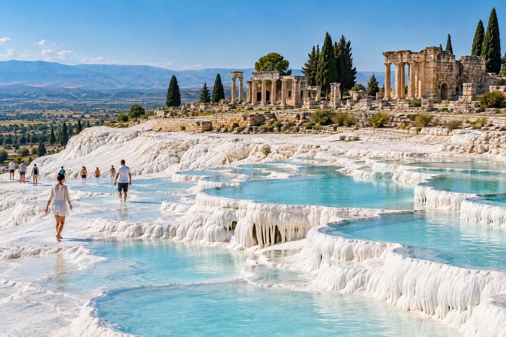 Białe trawertyny Pamukkale i ruiny Hierapolis