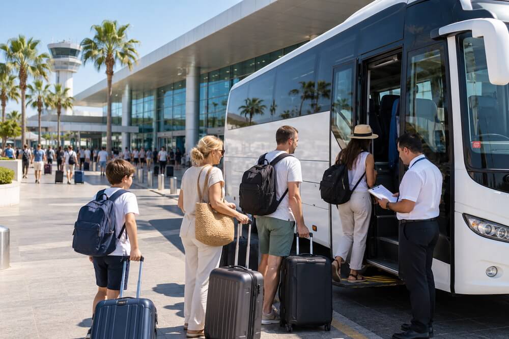 Pasażerowie wsiadający do autokaru transferowego na lotnisku Antalya