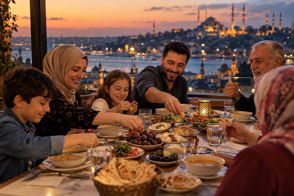 Rodzinny iftar przy wspólnym stole w Stambule