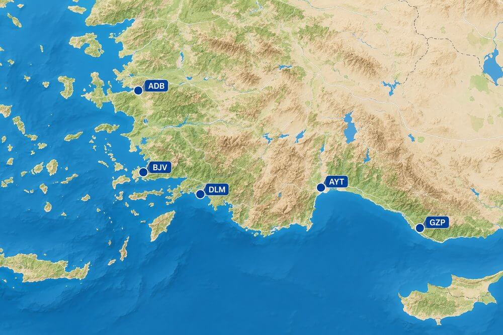 Lotniska AYT, GZP, DLM, BJV i ADB na mapie Turcji