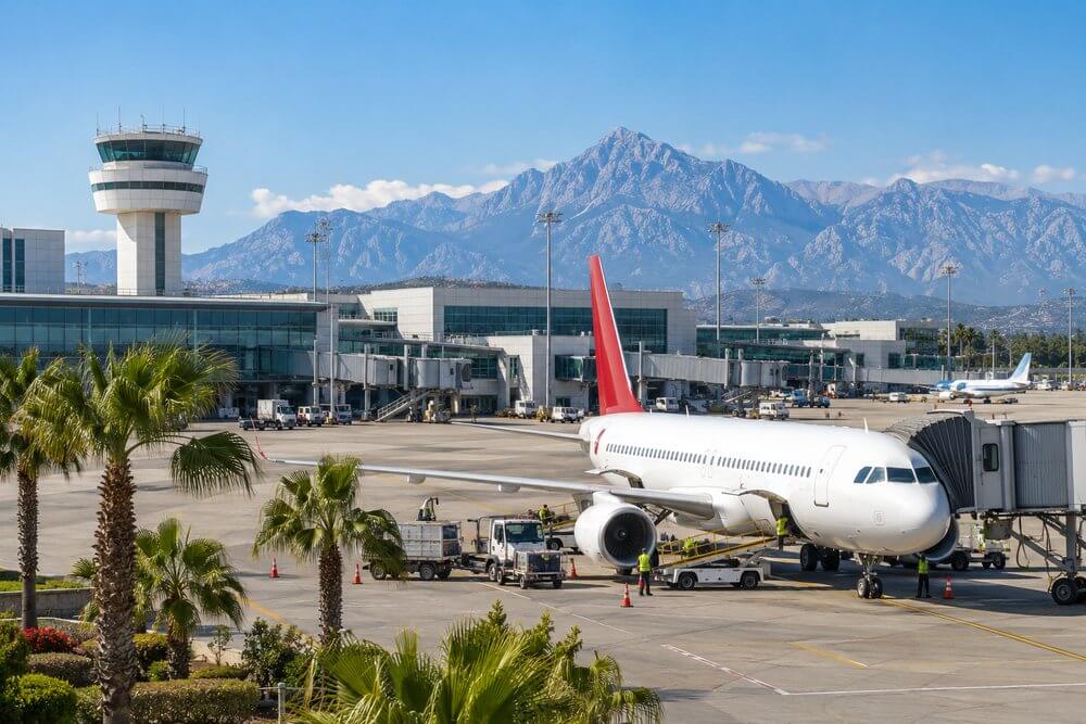 Terminal lotniska Antalya AYT z samolotem na płycie