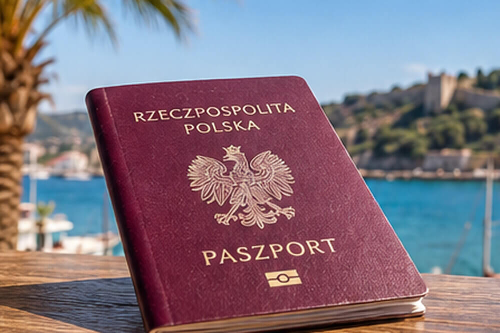 Polski paszport na tle tureckiego wybrzeża podczas podróży