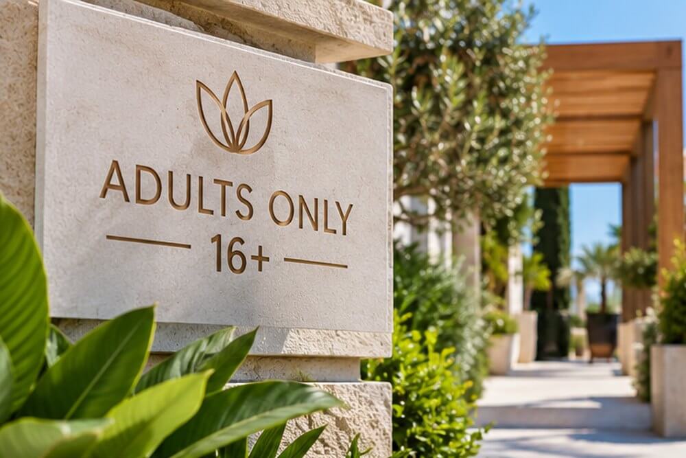 Wejście do hotelu adults only z oznaczeniem 16+