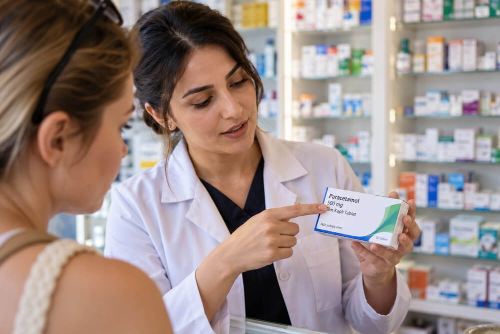 Farmaceuta sprawdza substancję czynną na zamkniętym opakowaniu leku