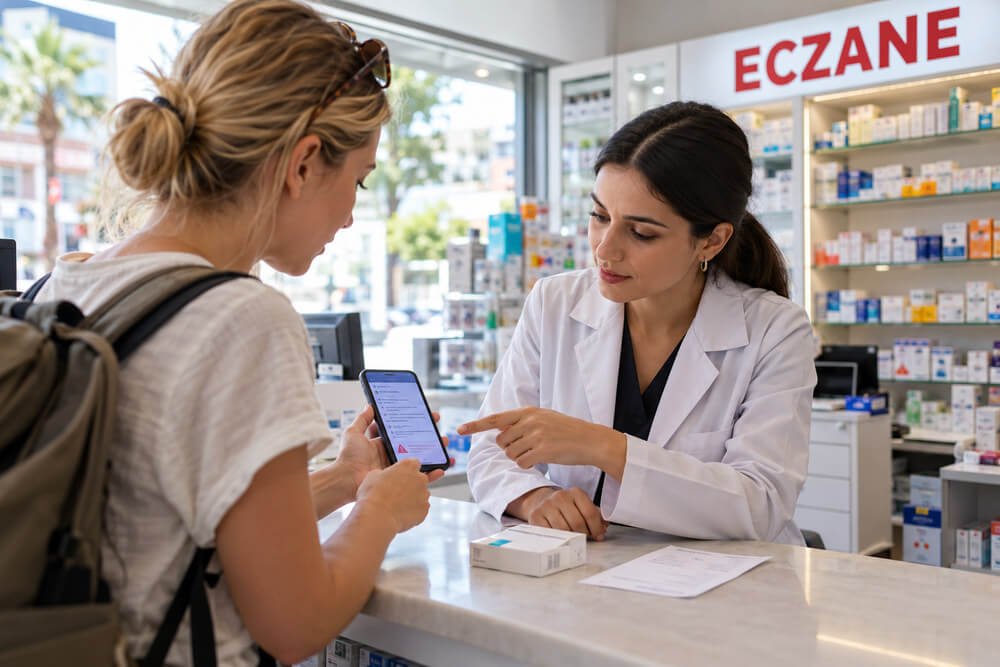 Turysta pokazuje farmaceucie listę leków i alergii w aptece