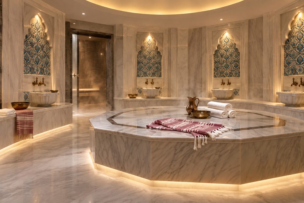 Współczesne hotelowe spa z marmurowym hammamem