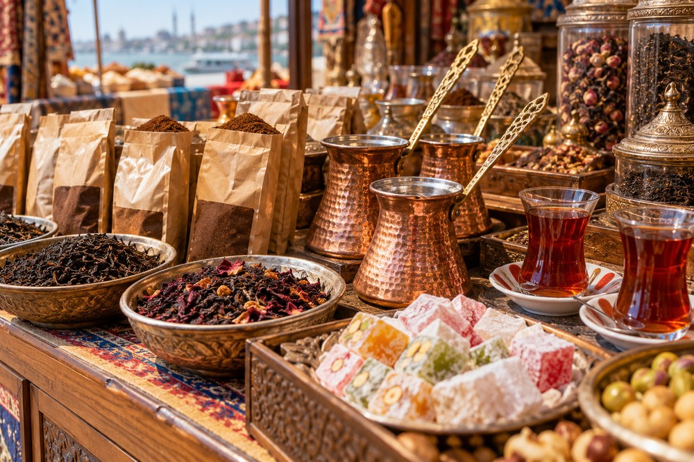 Turecka kawa, herbata i miedziane cezve na bazarze