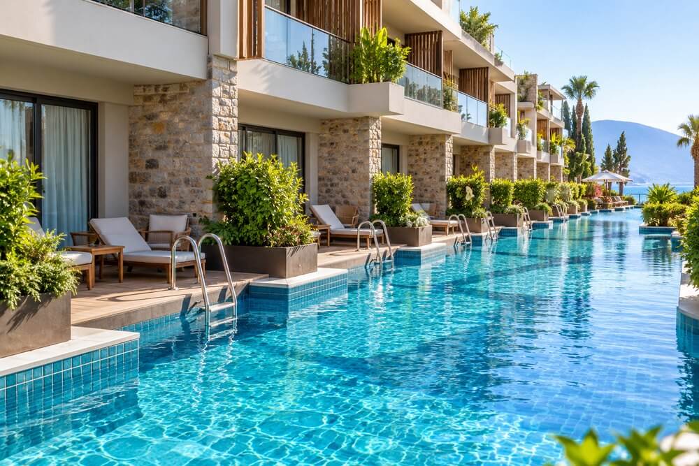 Wspólny basen swim-up przed kilkoma pokojami hotelowymi
