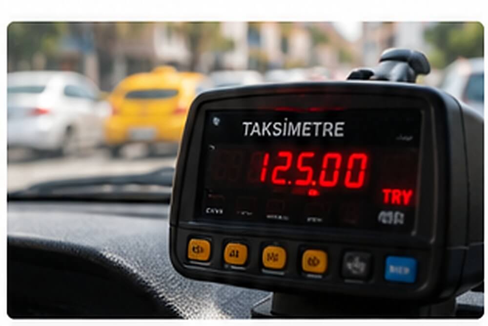 Taksometr w tureckiej taksówce podczas kursu