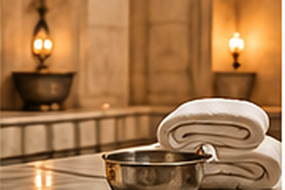 Marmurowe wnętrze tureckiego hammamu z ręcznikami i misą