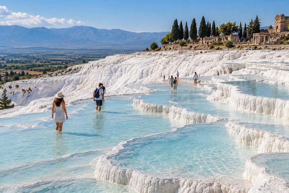 Białe trawertyny Pamukkale i dolina poniżej
