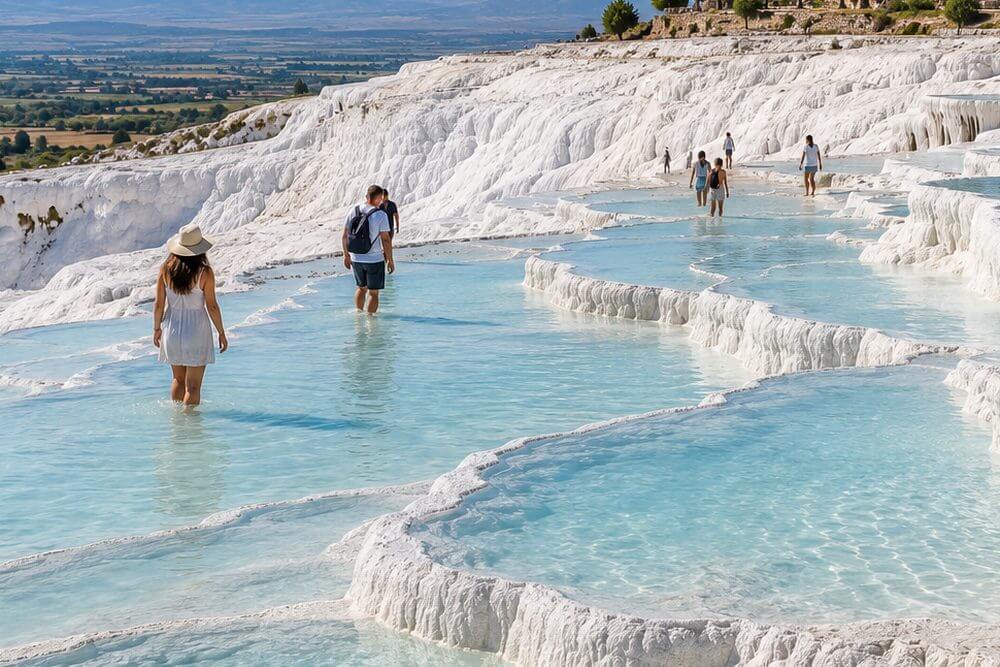 Turyści brodzący po trawertynach Pamukkale