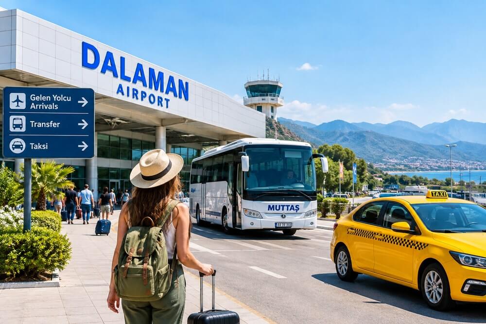 Autobus MUTTAŞ i pasażerowie przed terminalem lotniska Dalaman