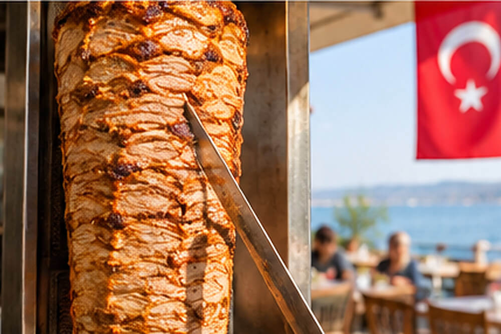 Mięso döner ścinane z pionowego rożna w tureckim lokalu