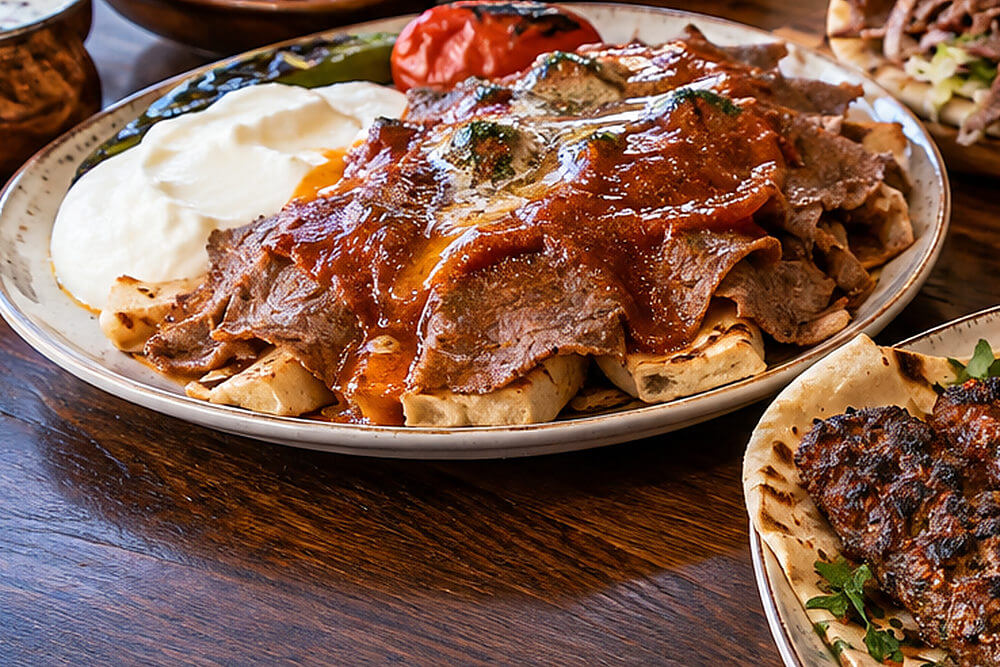 İskender kebap z sosem pomidorowym masłem i jogurtem