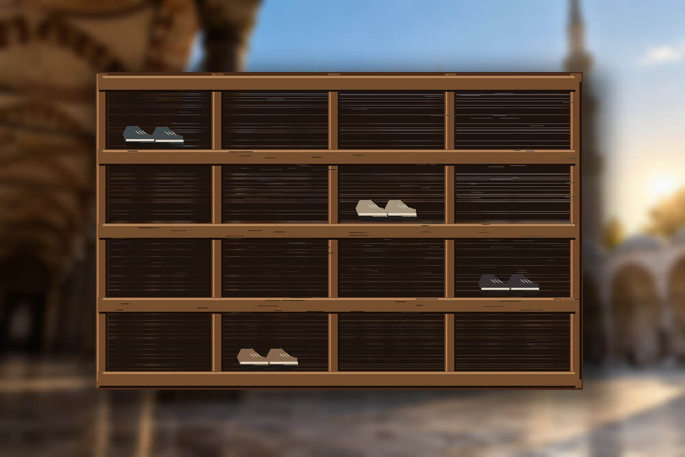 Drewniane półki na buty przy wejściu do tureckiego meczetu