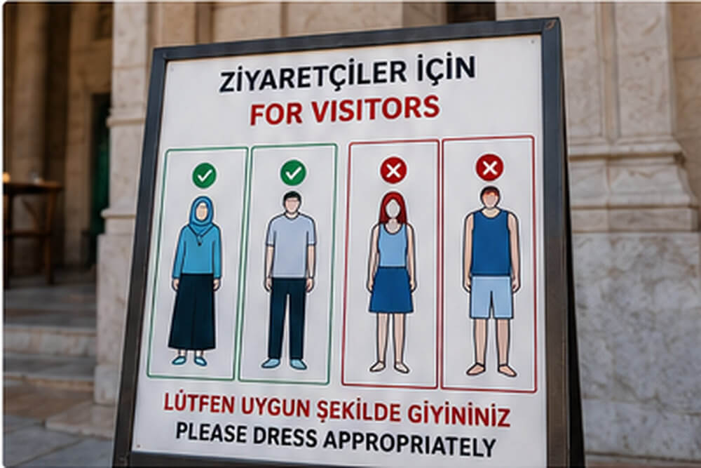 Piktogramy zasad dla turystów przed wejściem do meczetu w Turcji
