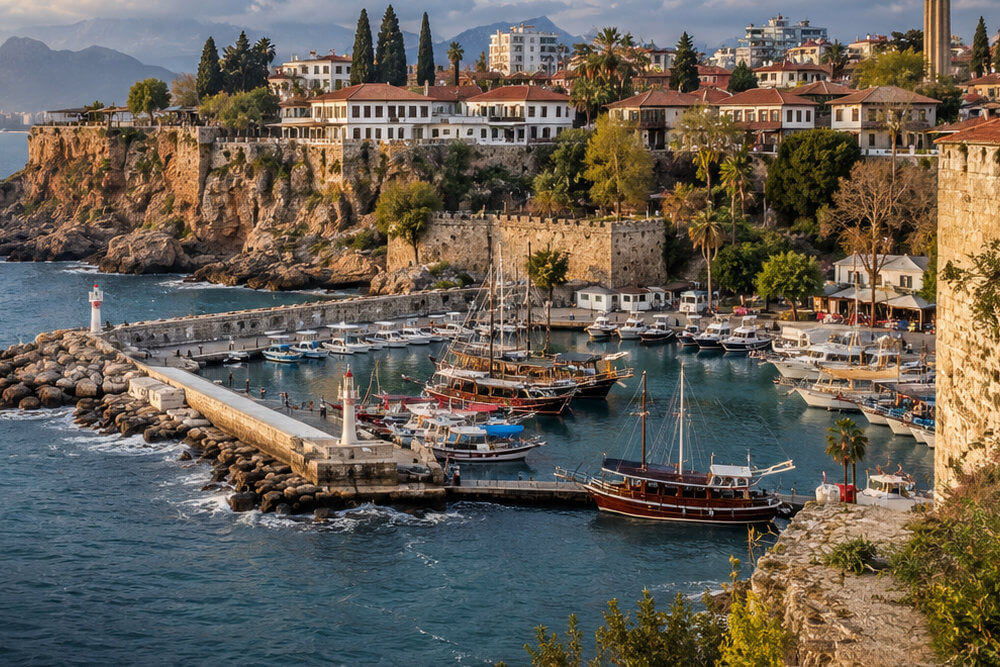 Zimowy port w Antalyi z łodziami i zabudową Kaleiçi