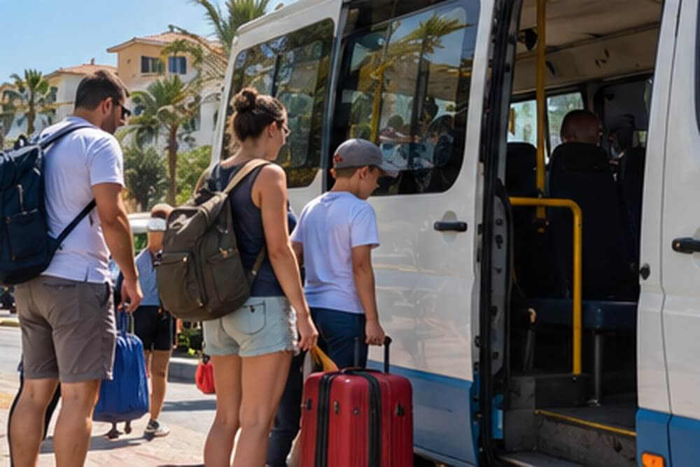 Rodzina z bagażem przy lokalnym minibusie w Turcji
