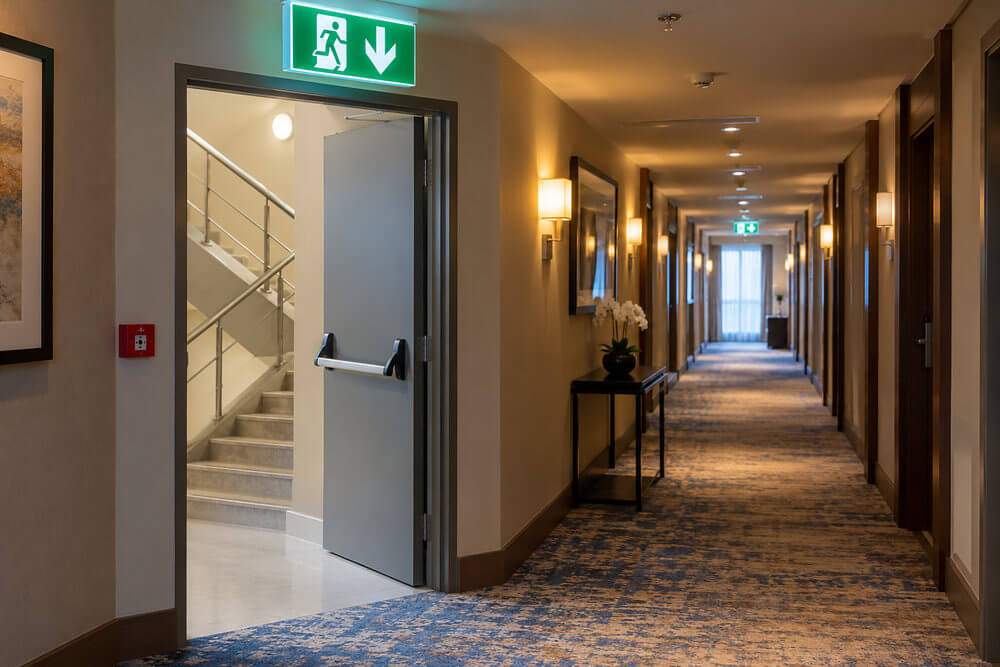 Oznakowanie wyjścia ewakuacyjnego na korytarzu hotelu w Turcji