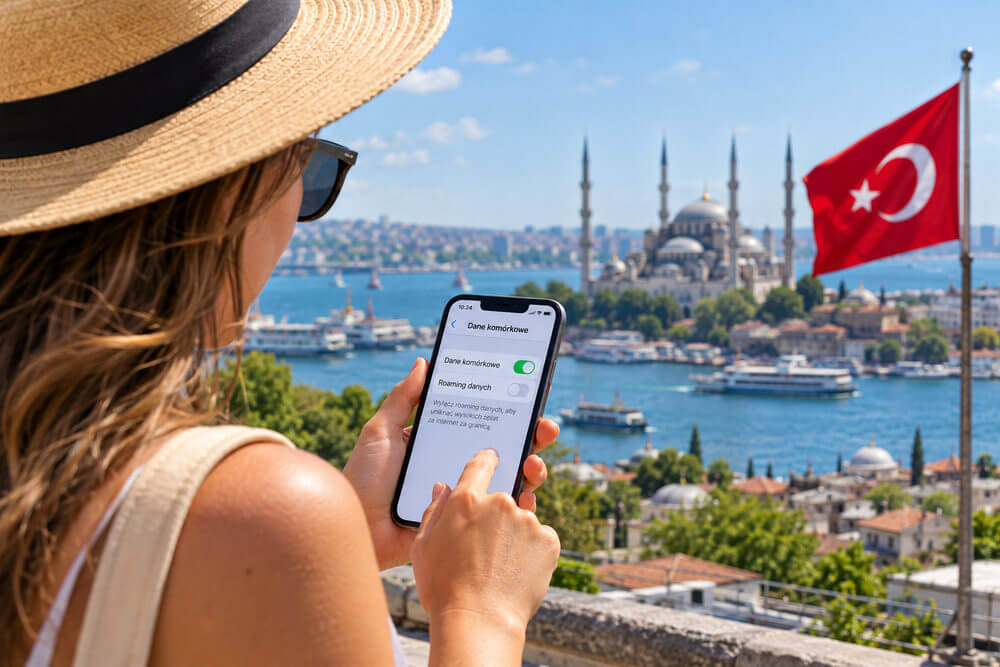Podróżniczka sprawdzająca wyłączony roaming danych w smartfonie