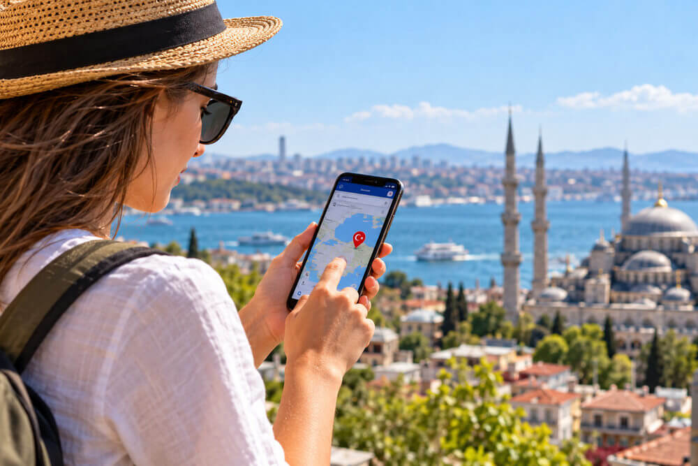 Turystka korzystająca z mapy w telefonie podczas zwiedzania Turcji