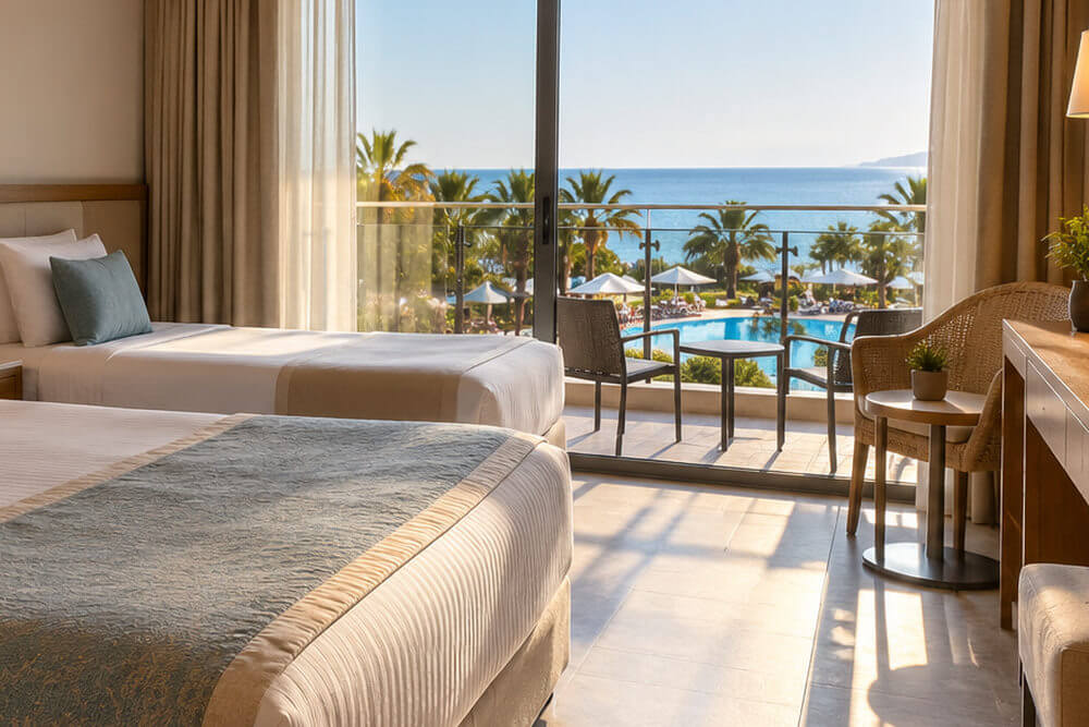 Morze i hotelowy basen widoczne z pokoju z balkonem