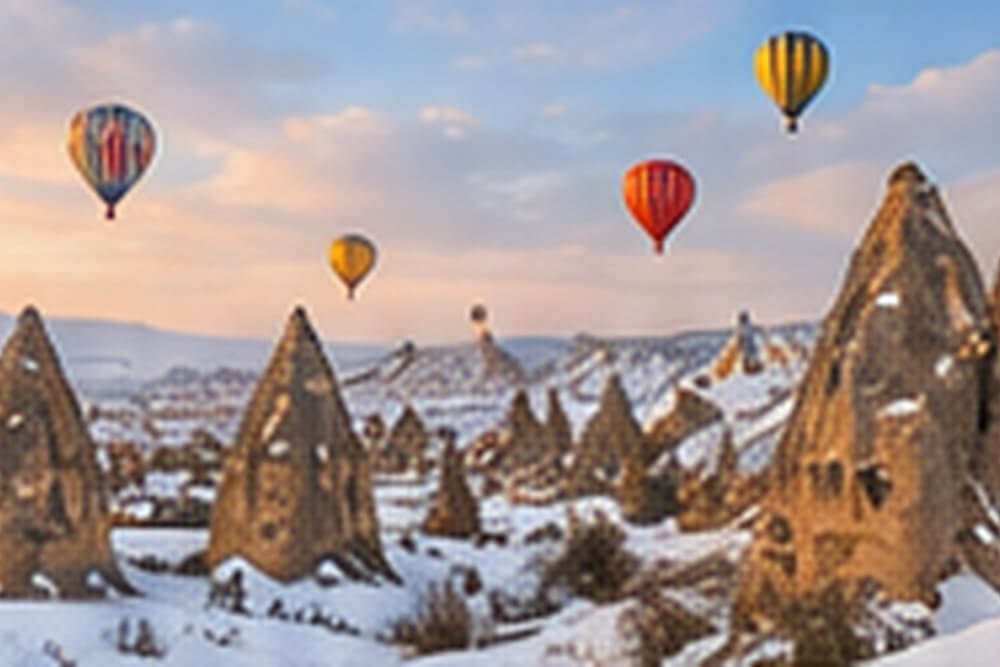 Ośnieżone skały Kapadocji z balonami nad doliną Göreme