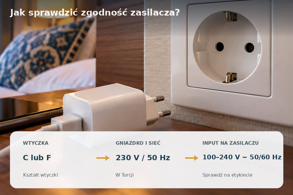 Zasilacz laptopa z oznaczeniem INPUT i zakresem napięcia 100–240 V