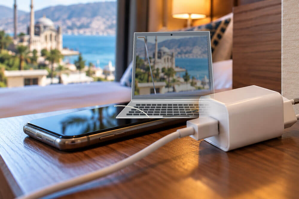 Telefon i laptop podłączone do ładowania w pokoju hotelowym