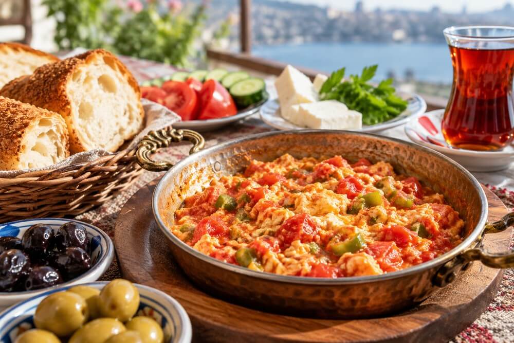 Menemen podawany na patelni podczas tureckiego śniadania